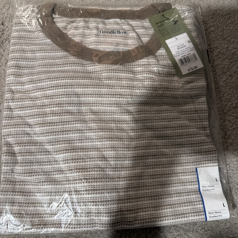 Goodfellow & Co Mens Super Soft Striped T-Shirt Brown White L Short Sleeve NWT